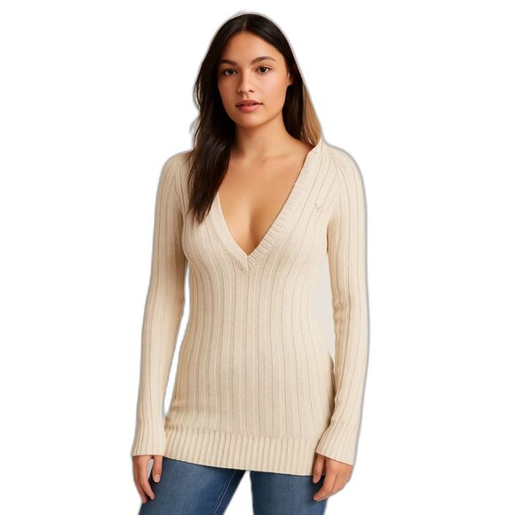 American Eagle Vintage Y2K Womans Sweater Small Long Ribbed Deep V Hooded Cream - Picture 1 of 11
